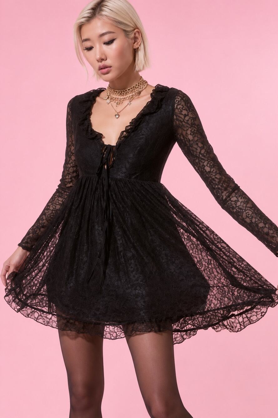 Urban Outfitters Lace Long Sleeve Mini Dress Black Sz S MSRP $79 Whimsygoth